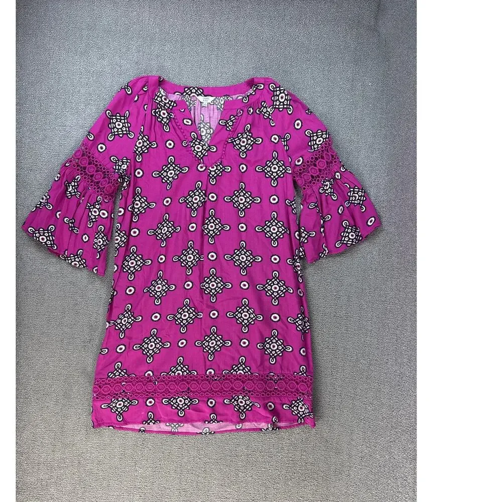 Crown & Ivy Dress Bell‎ Sleeve Crochet Magenta Navy Geometric Print Size Small